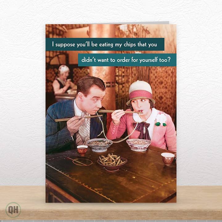 Funny Retro Greetings Card "Eating my Chips Too? for wholesale by Quitting Hollywood