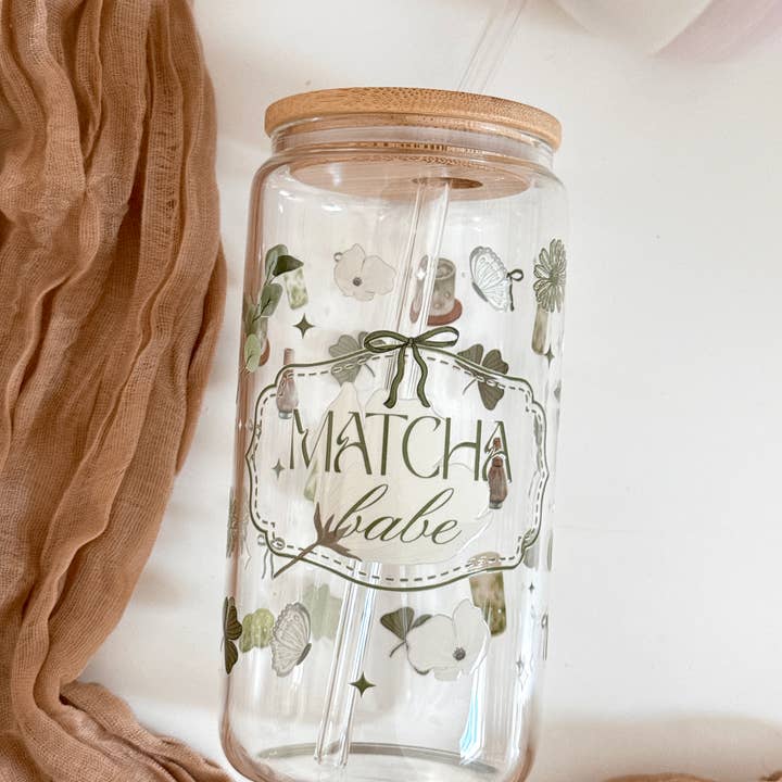 the cute cloud – wholesale Drinking glass/cup – Lux Matcha Babe Glass Tumbler Double Sided & Lid and Straw8