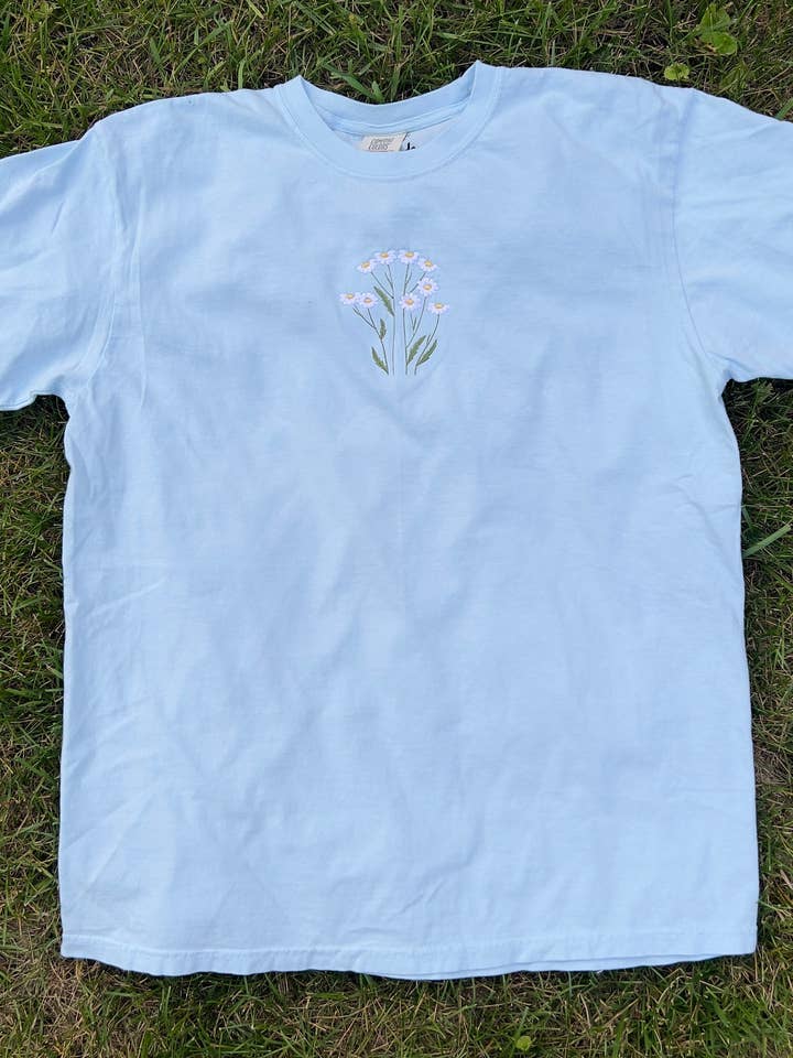 Daisies Embroidered Comfort Colors Tee for wholesale by Splendid Threads Co