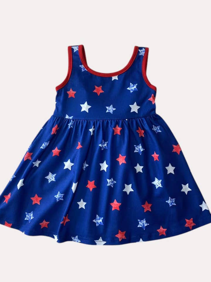 luluclothes - Wholesale Dress - Kids - Royal blue stars girls dress w/red bow on back