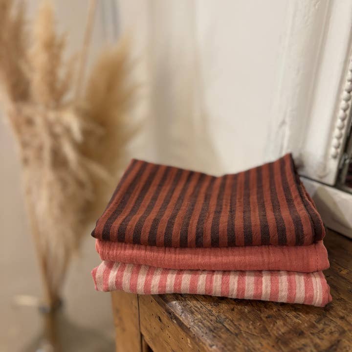 CHARMY - Wholesale Hand Towel - 3 hand towels in striped pink, toffee, and solid marsala double gauze cotton