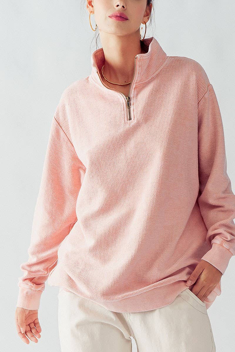 Urban Daizy - Wholesale Sweatshirt - Women's - Vintage Washed Quarter Zip Ribbed Sweatshirt2