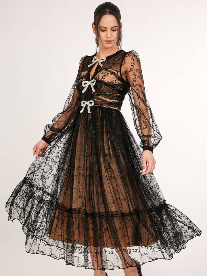 Embellished & Embroidered Mesh Maxi Dress LC3027 for wholesale by Beulah Style