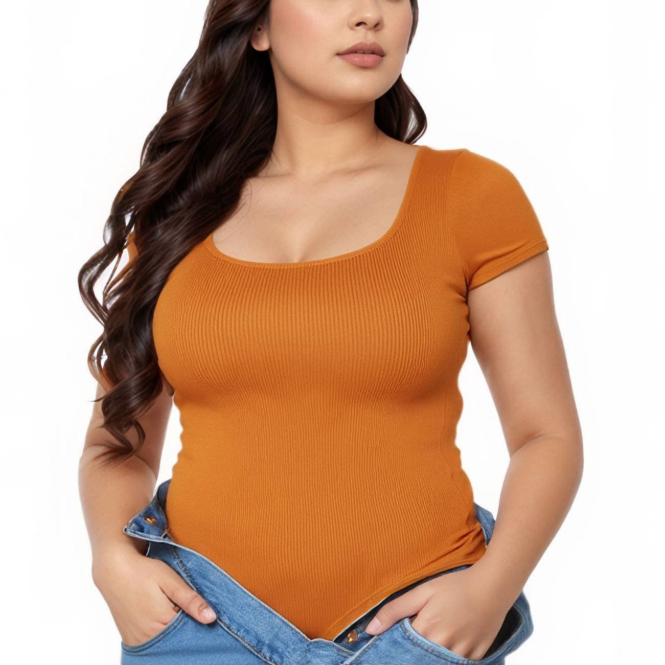 Robin K - Wholesale Bodysuit - Women's - Pleione Plus Size Women's Ribbed Funnel Bodysuit4