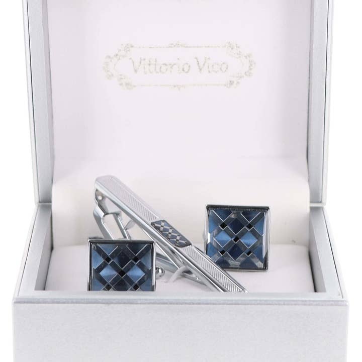 Dubal Brothers - Wholesale Cufflinks - Vittorio Vico Gold & Silver Enamel Cufflinks & Tie Bar Set by Classy Cufflinks