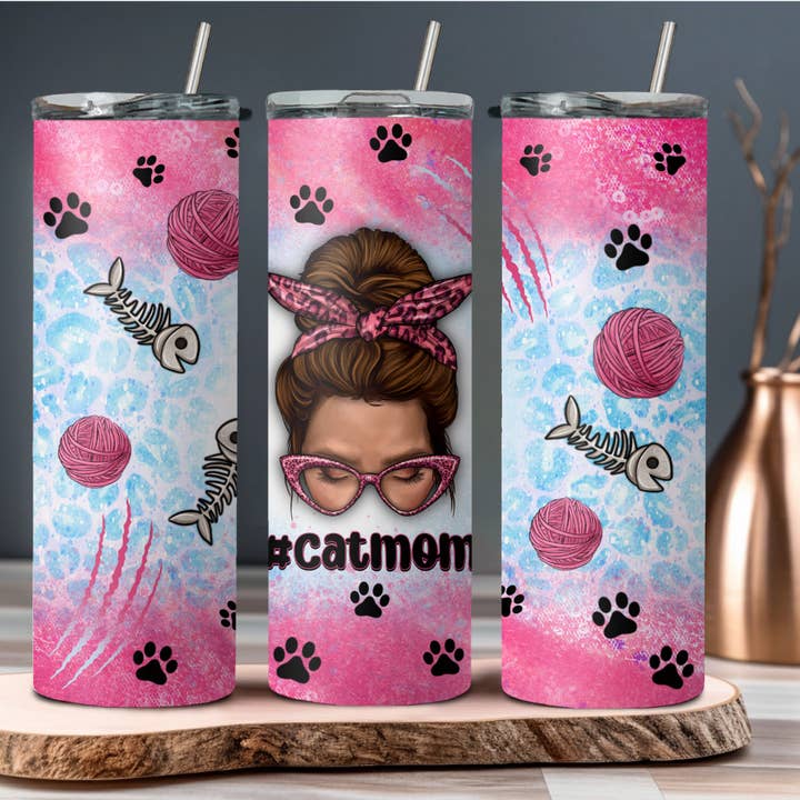 Cat Mom Bun Tumbler for wholesale by Wicked Flower Creations