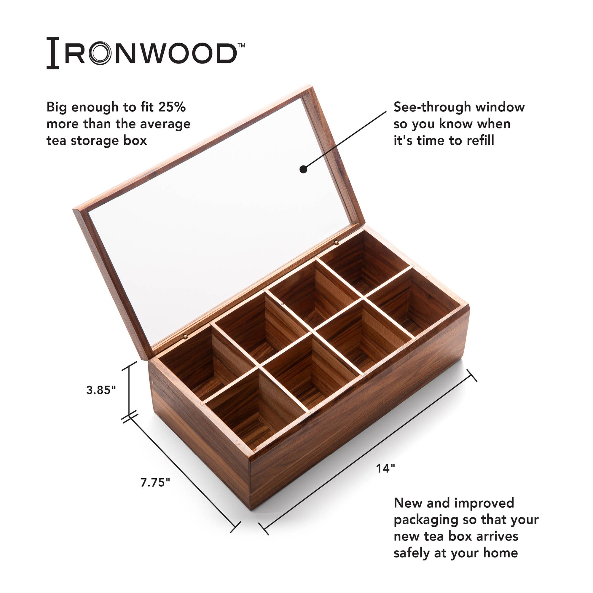Fox Run Brands - Wholesale Cube Storage - Ironwood Cornwall Tea Box, 8 Compartments, 13.75"x7.5"x4.75"6