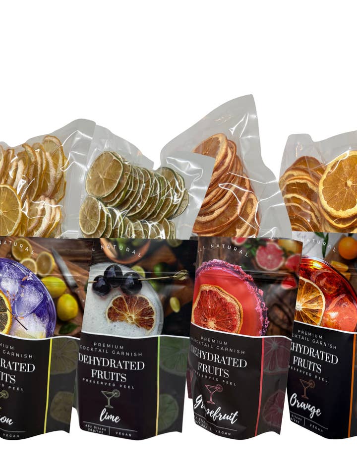 Save 10% ⎮ 4 PACK Dehydrated Fruits⎮ LIME - LEMON - ORANGE - GRAPEFRUIT⎮ PREMIUM COCKTAIL GARNISHES for wholesale by PRESERVED PEEL