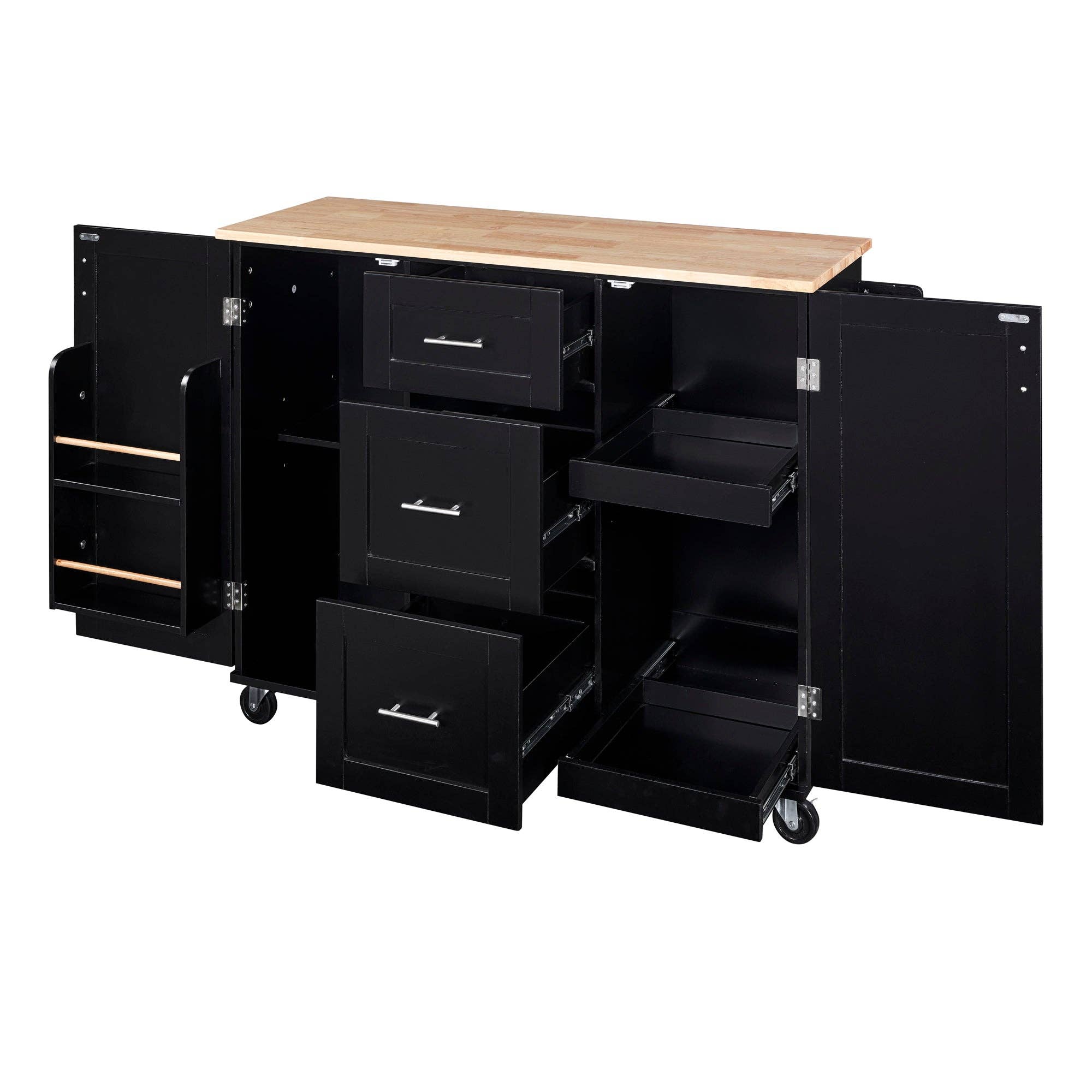 Orange County Decor - Wholesale Kitchen Storage/Organizer - K&K Rolling Kitchen Island With Storage, Kitchen Cart With Rubber Wood Top, 3 Drawer, 2 Slide Out Shelf And Internal Storage Rack, Kitchen Island On Wheels With Spice Rack & Tower Rack, Black Black10