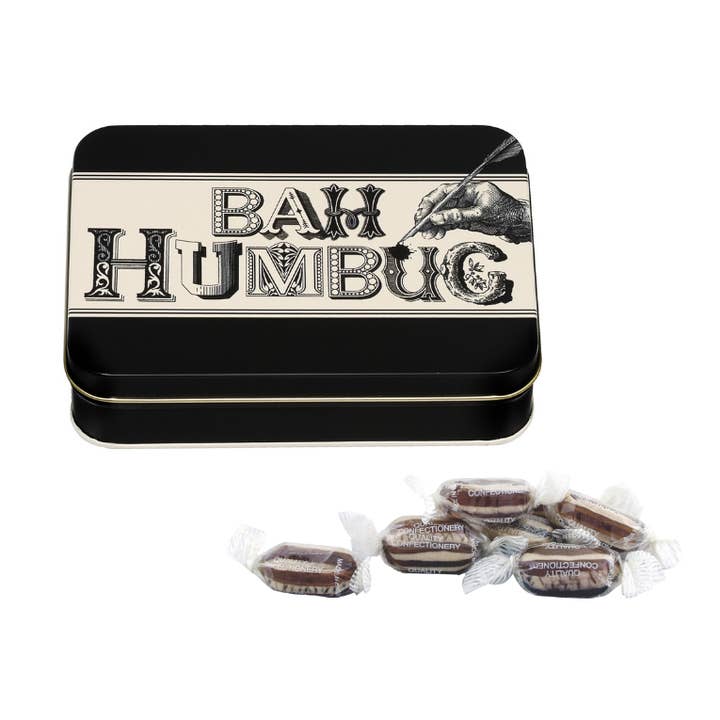 Tin Treats - Wholesale Christmas Decoration - Typography - Bah Humbug Small Rectangular Tin with Humbugs0