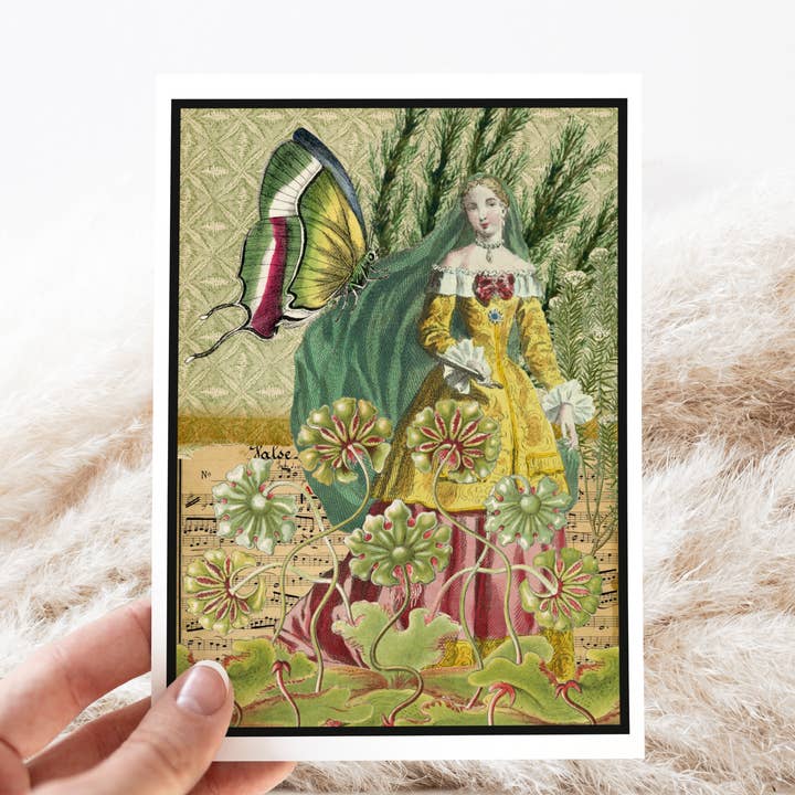 Greeting Card. Vintage Woman Going On A Stroll. Greenery. for wholesale by Cheerful Whimsies