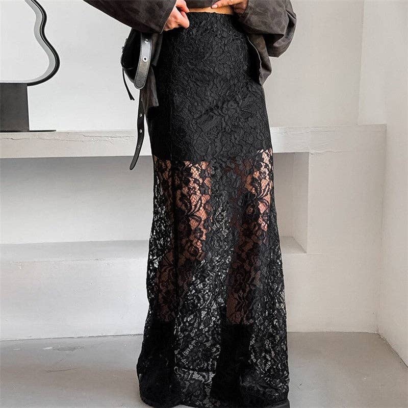 BLACK Elegant Lace Floral High-Waisted Midi Skirt for wholesale on Faire3