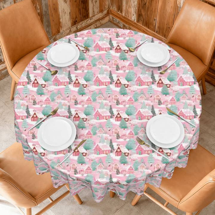 Pink Wonderland Christmas Round Tablecloth with Wavy Edge 60" for wholesale by Grassy Creek Designs