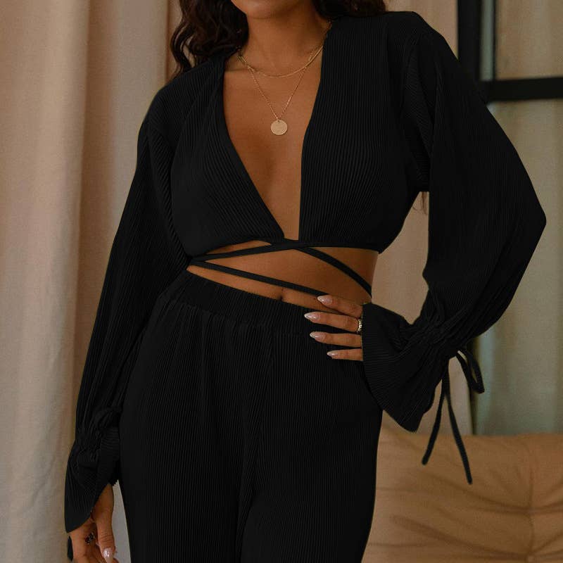 HIDDENBRAND - Wholesale Top & Pant Set (NOT Loungewear) - Women's - V-Neck Stylish Casual Sexy Two-Piece Set2