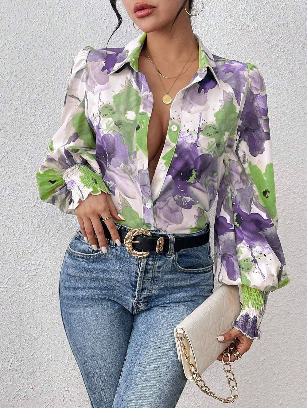 Fashion Combination - Wholesale Button Down Shirt - Women's - priv floral print lantern sleeve shirt4