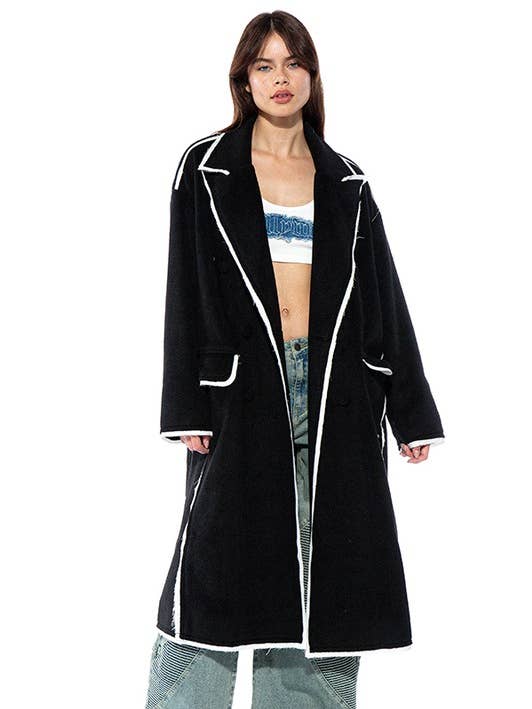 Black Oversized Contrast Stiched Wool-Like Coat for wholesale on Faire0