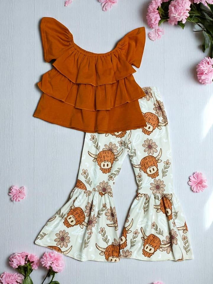 Brown off shoulder top cow printed bell bottom set 1111WY for wholesale by luluclothes