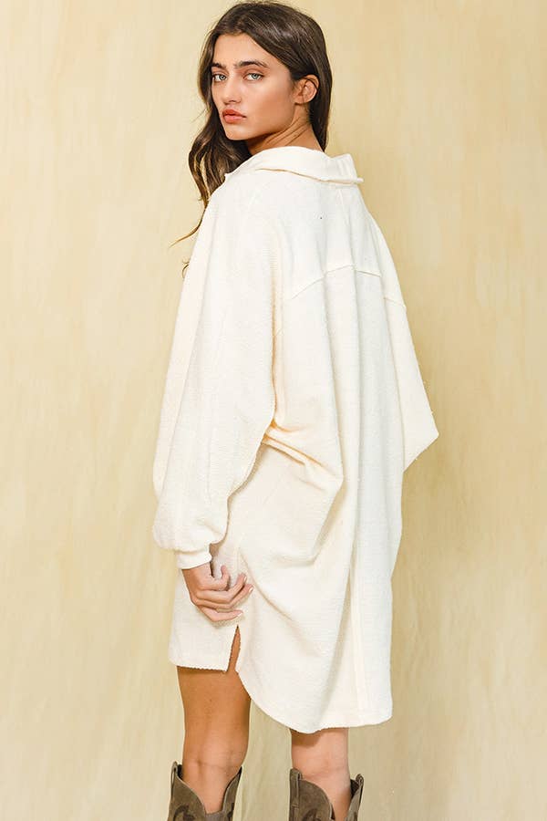 Rose Mini-robe ample à col en tricot à texture unie D4202 en vente sur Faire6