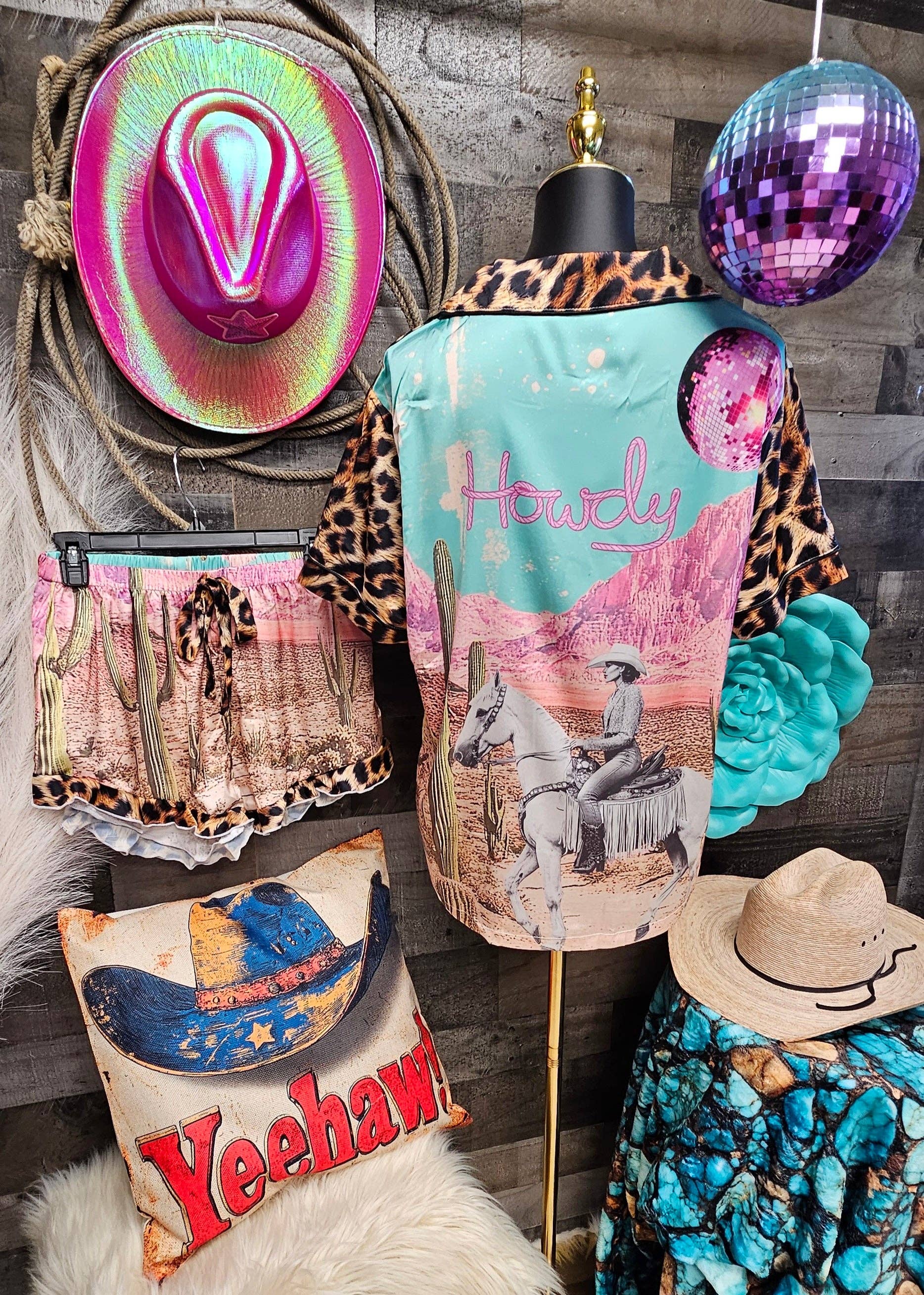 BAHA RANCH WESTERN WEAR - Wholesale Sleepwear Set - Women's - Baha Ranch Retro Pop Western Howdy Desert Cowgirl Satin Pajamas8