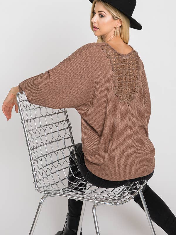 Lace back detail Slub Rib knit 3/4 sleeve top for wholesale by redlolly