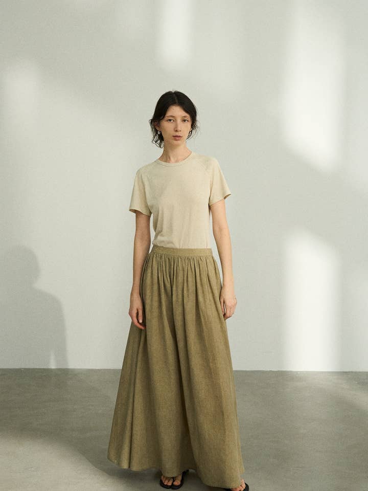 Lyocell Linen Blend Skirt in Khaki for wholesale by Juniper Theory