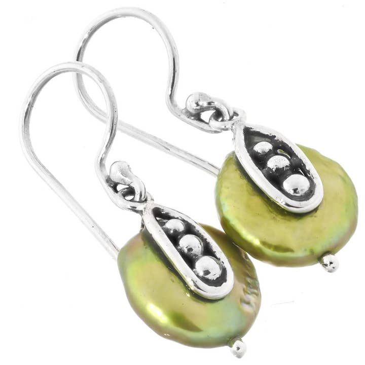 FifiRose - Wholesale Dangle Earrings - 925 silver cute green biwa freshwater coin pearl sterling earrings, 11/16"1