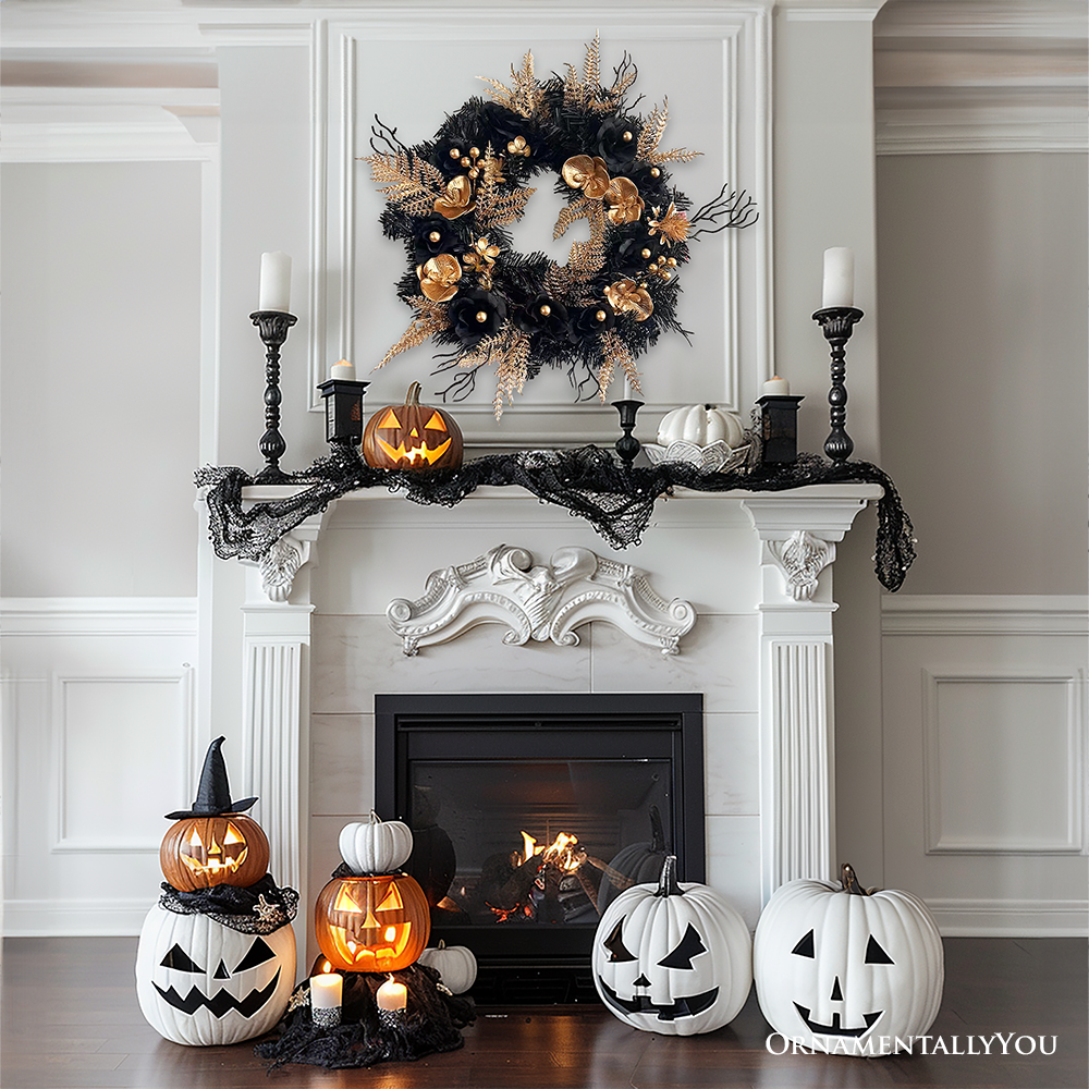 OrnamentallyYou – Großhandel Kranz – Schwarzer und goldener, eleganter Gothic-Kranz, 20", mit gruseligem Horrormotiven2
