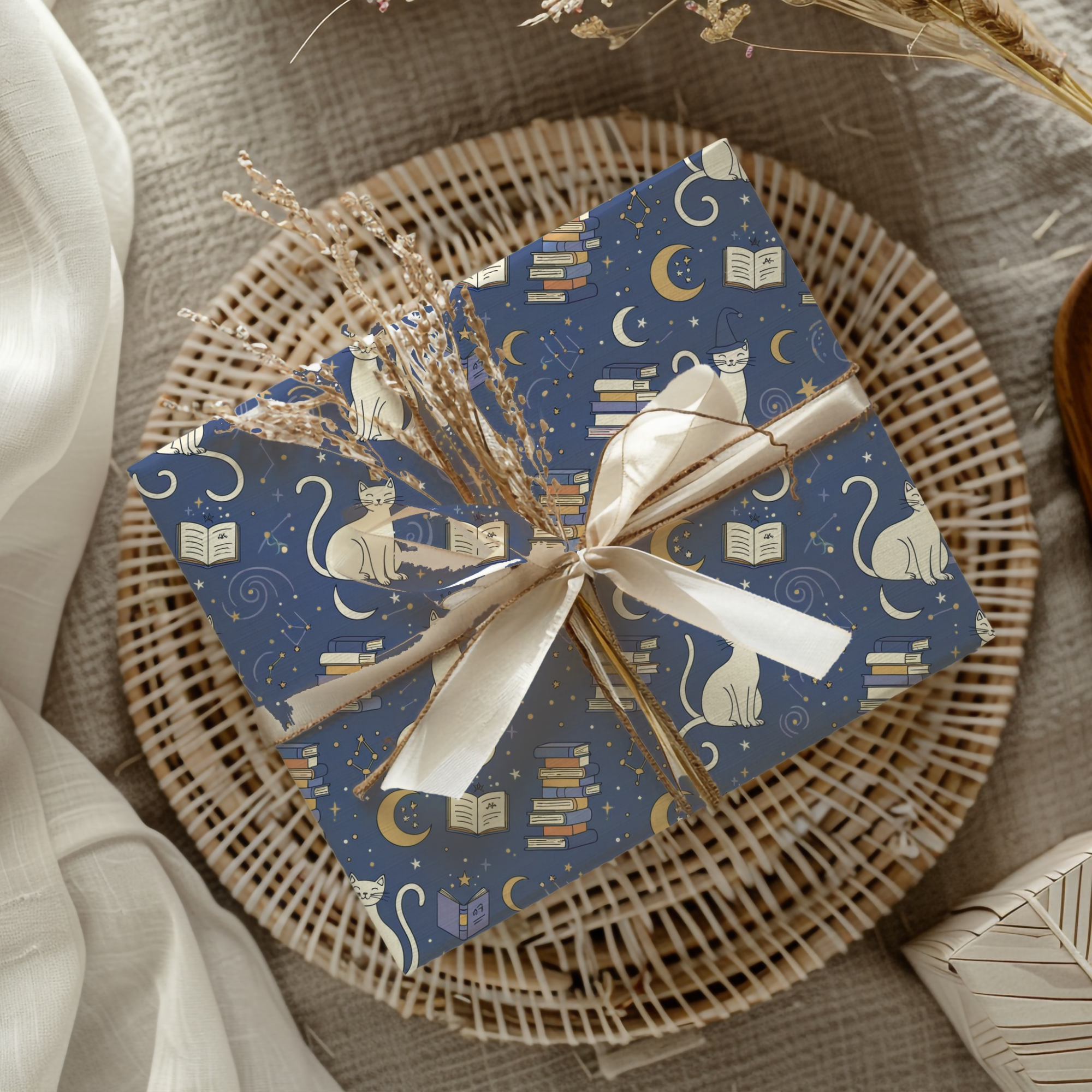 Lokipawz - Wholesale Flat Wrap - Purrfectly Bookish – Celestial Cat & Cozy Library Wrapping Paper8