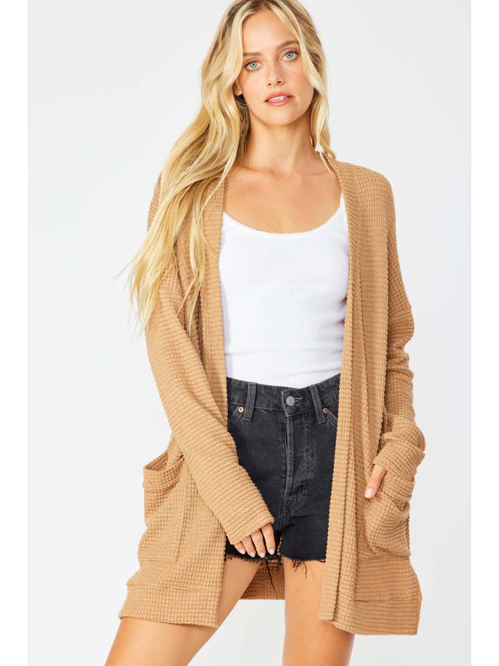 FSL Apparel - Wholesale Cardigan - Women's - SJ1005 - WAFFLE KNIT OPEN FRONT CARDIGAN WITH POCKETS