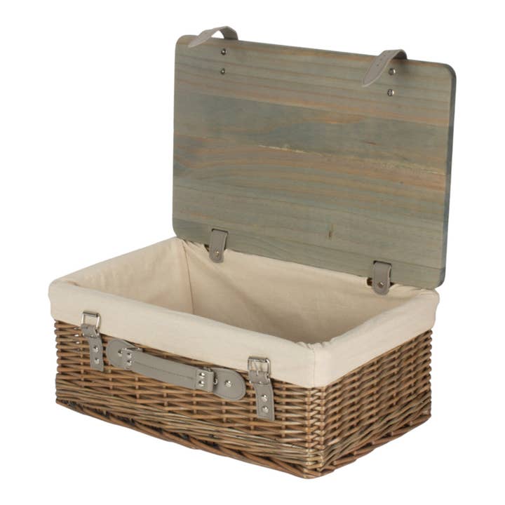 Cesto de Piquenique Vazio em Vime Antigo Lavado Branco com Tampa de Madeira de Pinho por atacado de Red Hamper