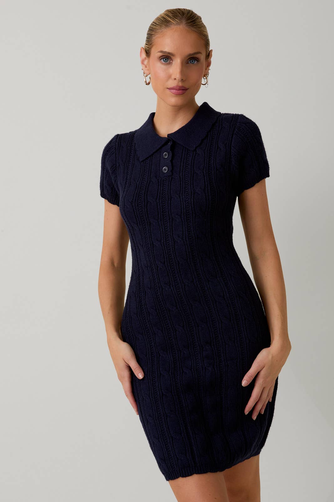 NAVY COLLAR SCALLOP DETAIL CABLE KNIT SWEATER MIDI DRESS for wholesale on Faire0