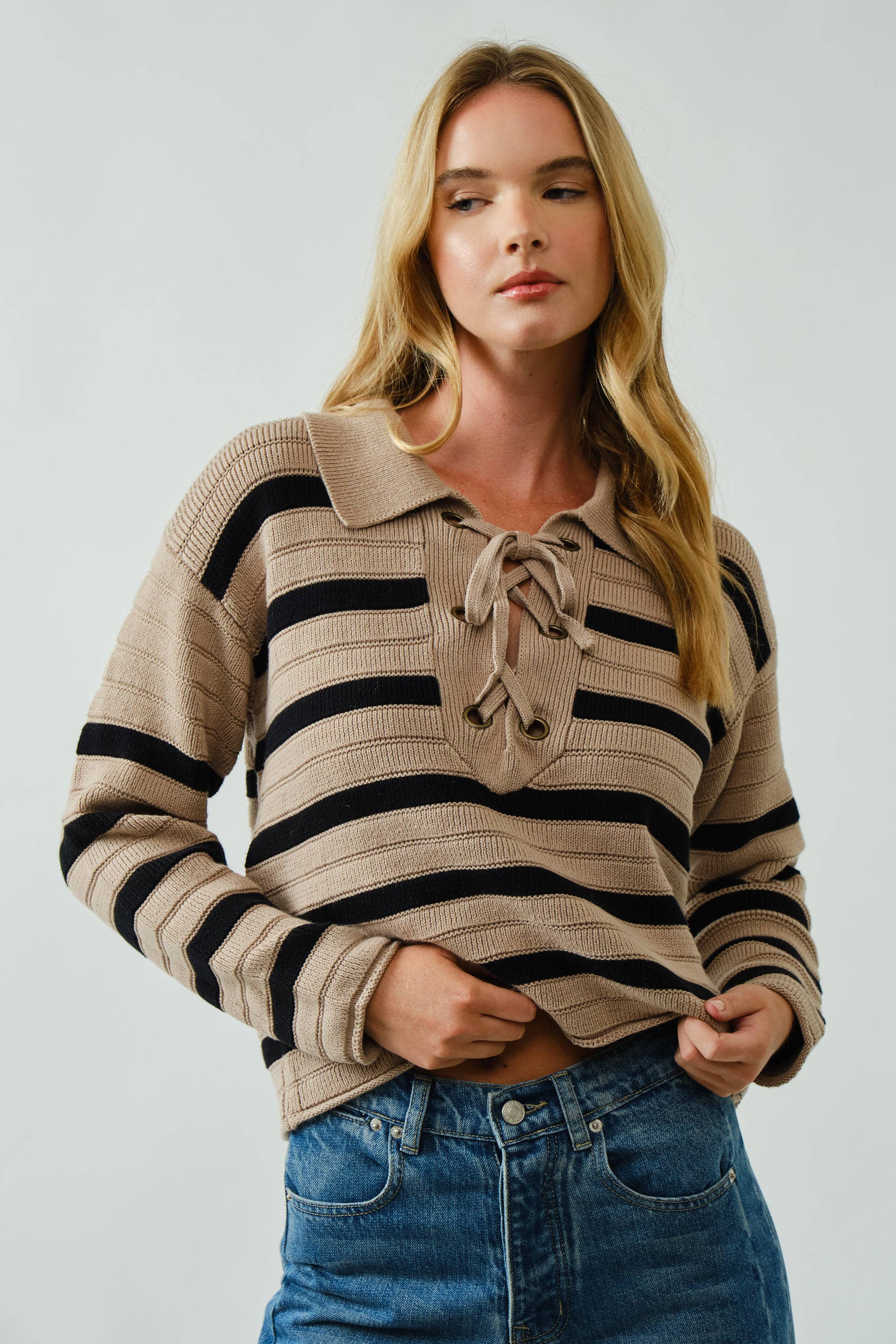 Aaron & Amber - Wholesale Knit Sweater - Women's - AJT5089 LACE UP RELEXED FIT STRIPE SWEATER9