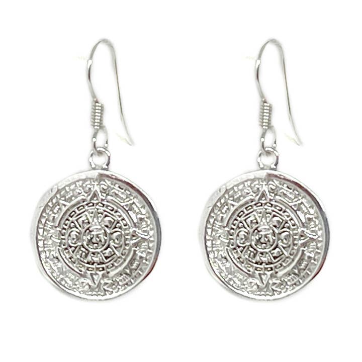 Global Crafts - Wholesale Dangle Earrings - Mexican Taxco Alpaca Silver Aztec Calendar Dangle Earrings