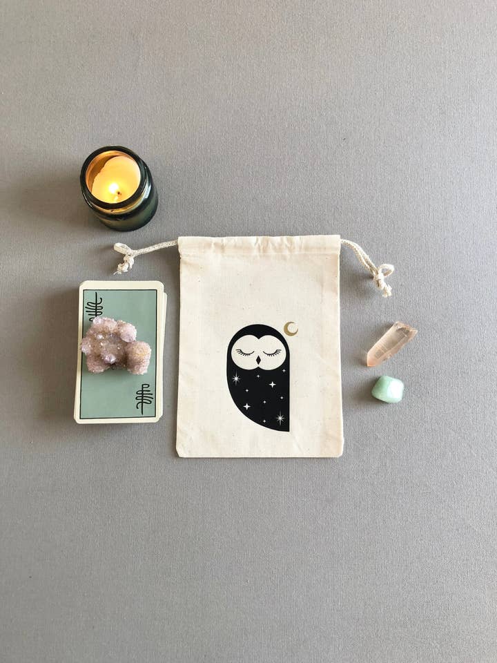 Cosmic Owl Drawstring Pouch for Tarot Cards and Crystals for wholesale by Wishcraft Goods
