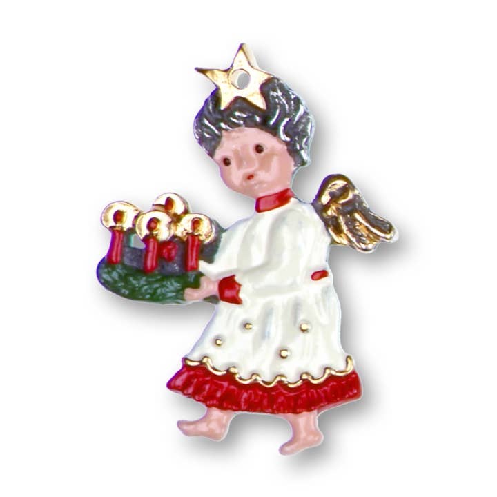 Angel with Advent Wreath Pewter German Christmas Ornament for wholesale by Pinnacle Peak Trading