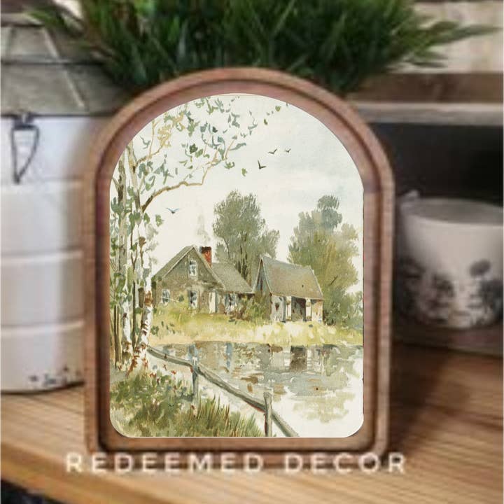 Redeemed Decor - Wholesale Wood Wall Art - Arch Top Muted Farmhouse Pond Framed Art