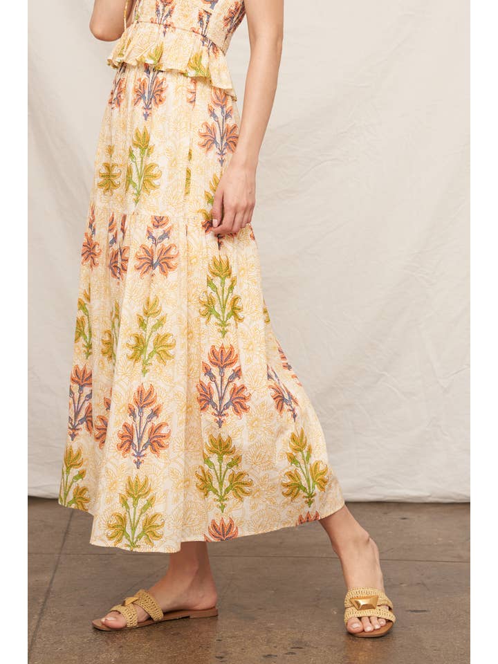 Ivory Yellow Printed Tiered Maxi Skirt for wholesale on Faire
