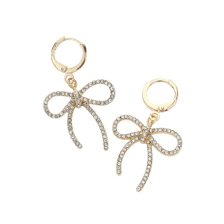 Sensibling Corp. - Wholesale Huggie Earrings - Stone Paved Bow Dangle Huggie Earrings