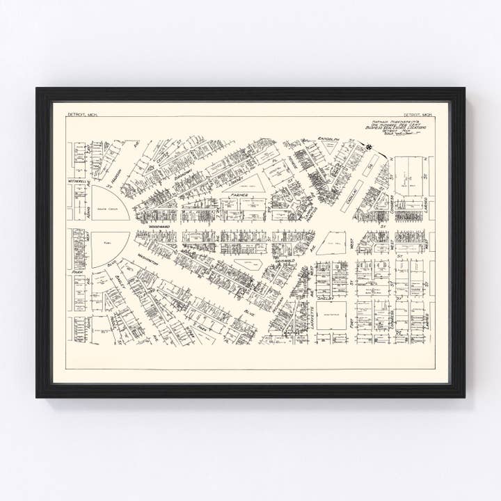 Vintage Map of Detroit, MI Business Section 1929 for wholesale by Ted's Vintage Art
