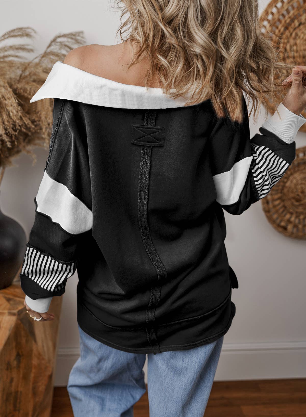 FULL TIME PURCHASE - Vente Sweat-shirt – femme - Sweat-shirt décontracté ample à manches longues et à rayures colorblock avec col en V12