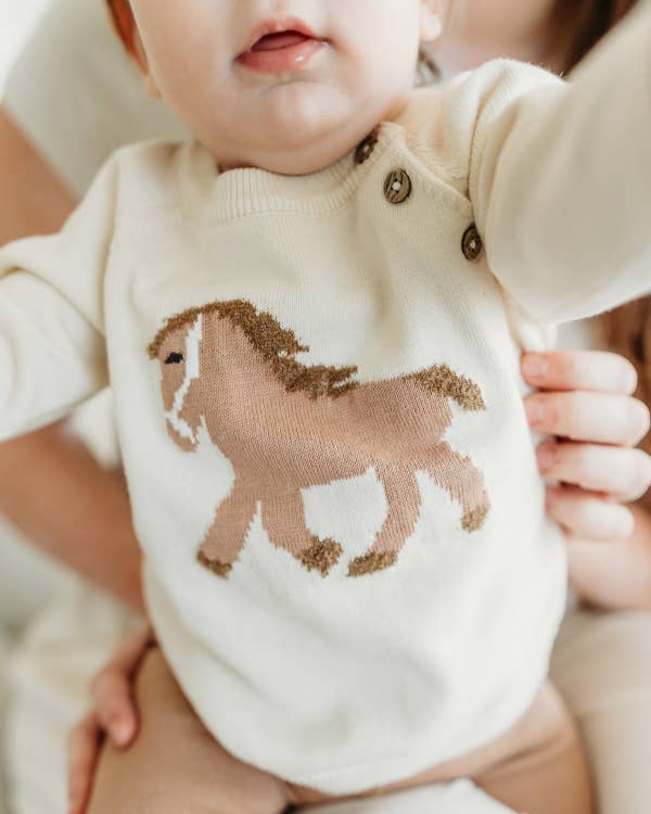 Natural Horse Jacquard Sweater Knit Baby Pullover (Organic Cotton) for wholesale on Faire6