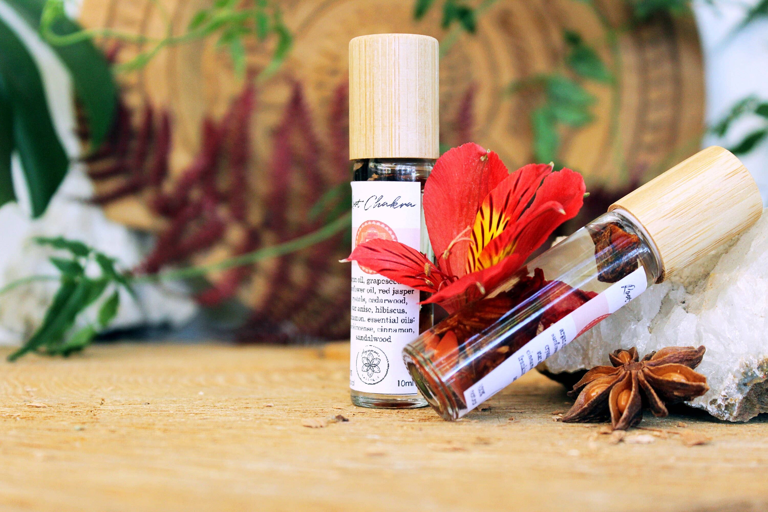 Ayamani Naturals – Engroshandel Æterisk olie – Rodchakra Balanceolie med urter og krystaller4