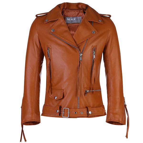 Veste en cuir d'agneau souple marron classique pour femme Rita avec ceinture. pour la vente par Slade Leather