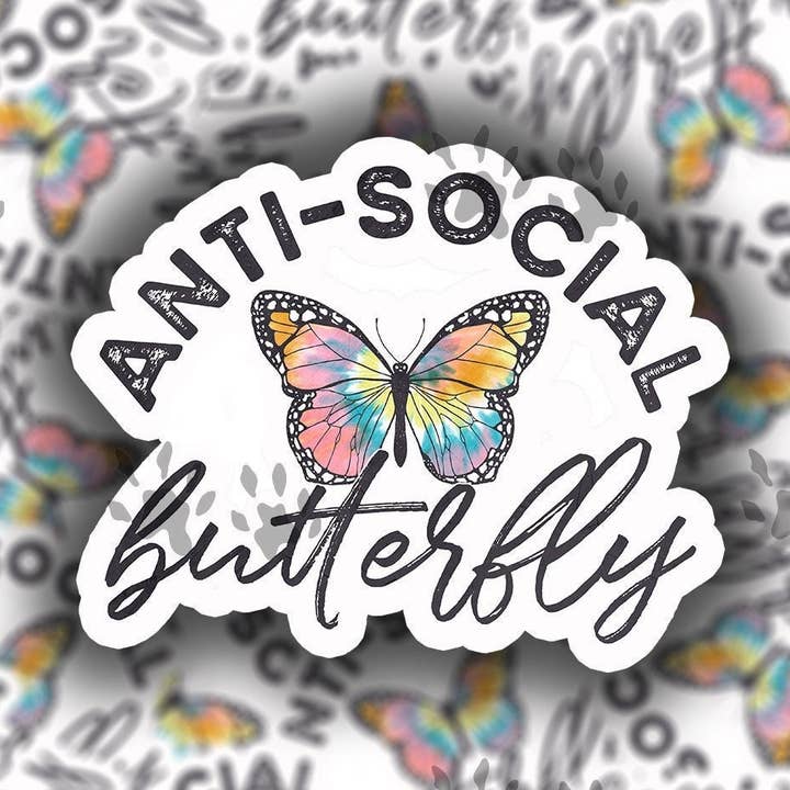 Antisocial Butterfly Sticker, Introvert, Sommerfugl, Sjovt klistermærke, Humor, Mærkat, Bærbar, Drikkeflaske, Tumbler, Køler, Planner, Gaveidé for engroshandel hos The Red Otter