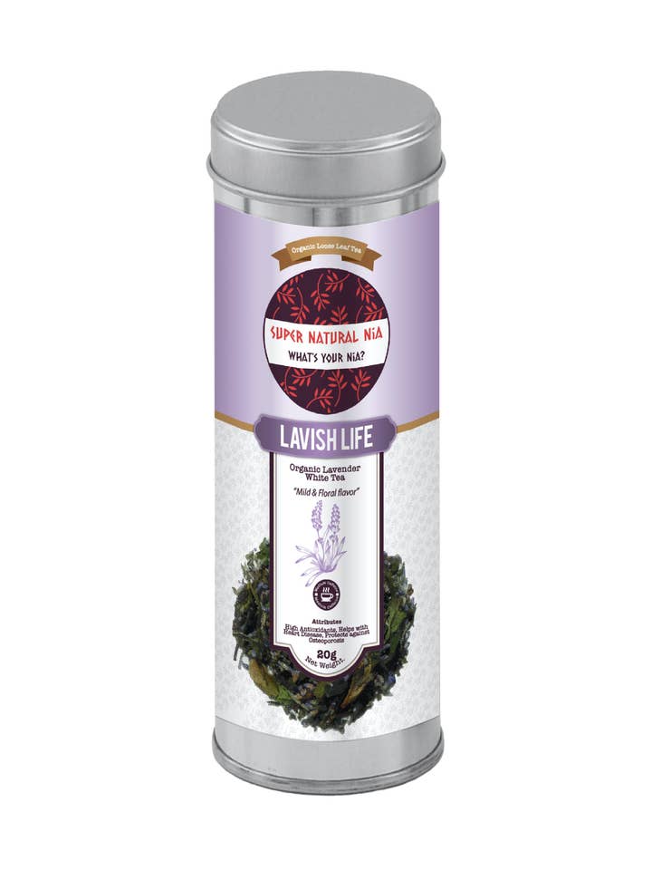 LAVISH LIFE « Thé blanc biologique à la lavande » pour la vente par Super Natural Nia