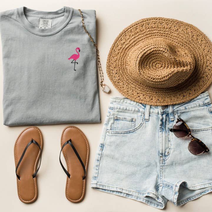 Embroidered Flamingo Garment Dyed T-shirt for wholesale by Custom Cuties