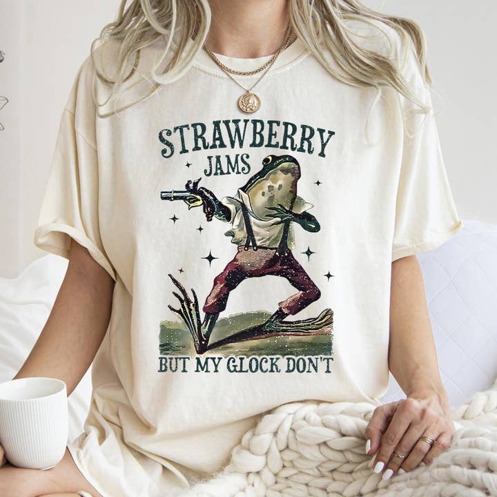 Strawberry Jams, Glock Don't, Frog, Meme, Joke, Aesthetic, Trendy, Toad, Comfort Colors Tshirt for wholesale by Refinery Number One LLC