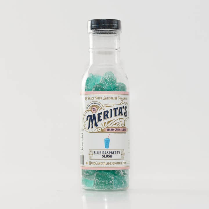 Blue Raspberry Slush glass bottle for wholesale by Ms. Merita's Hard Candy Slides
