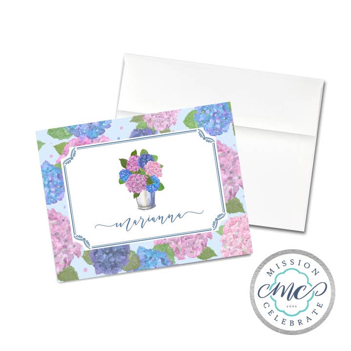 Happy Hydrangeas Original Watercolor Set of Eight (08) Folded Notes Stationery Set A2 Size 5.5"x4.25" with Envelopes for wholesale by Mission Celebrate