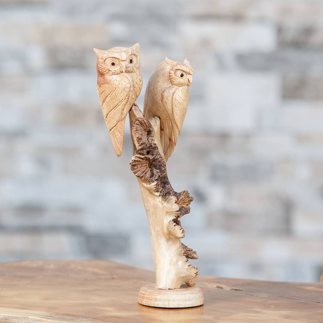 Garden Age Supply - Wholesale Decorative Figurine - Parasite Wood Hand Carved Figurine - 2 Owls on Tree1